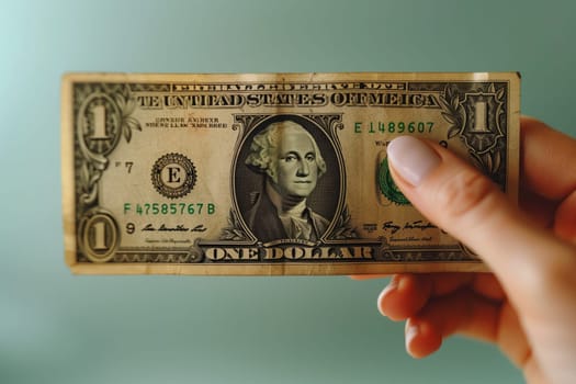 A person is holding a banknote in their hand, between their thumb and finger. The rectangular paper currency is one dollar cash, with intricate font design
