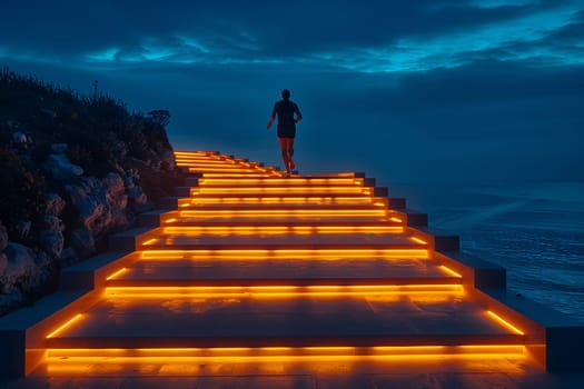 A man is leisurely walking up a wooden staircase illuminated at dusk, with the calm landscape under a cloudy sky in the horizon