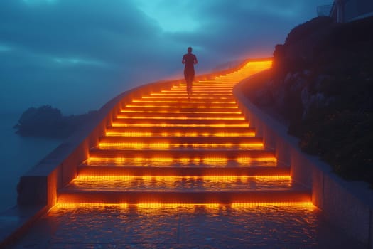 A man ascends a staircase illuminated at night, under a dusk sky. The landscape is filled with symmetry as he travels towards the horizon
