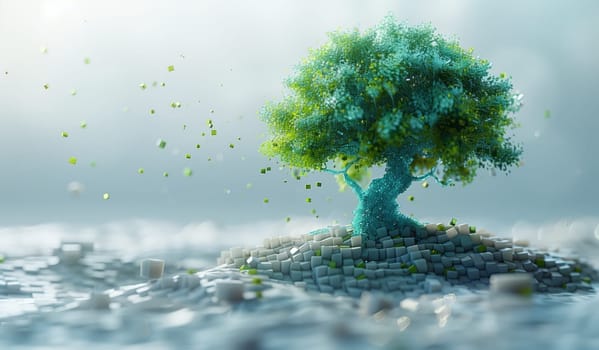 A tree sprouts on a tiny island surrounded by ocean waters. The sky is painted with fluffy clouds, creating a picturesque natural landscape