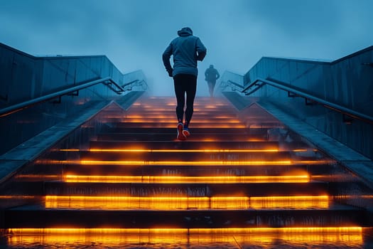 A man is briskly ascending a set of wooden stairs with a symmetrical walkway, against an electric blue sky and horizon, surrounded by people in a pedestrian street