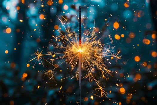 A closeup of an electric blue sparkler against a dark blue background, resembling a bright star in space. The intricate pattern of light looks like an astronomical object in the night sky