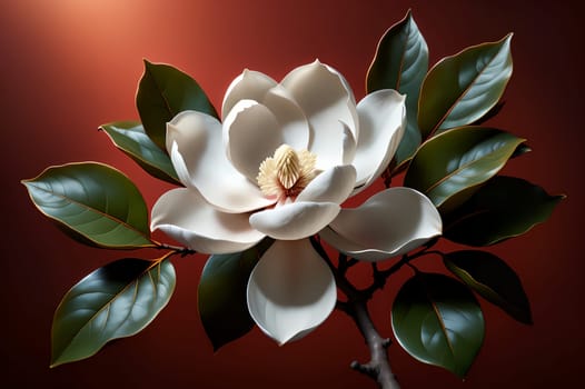 White magnolia isolated on red background . AI generated image.