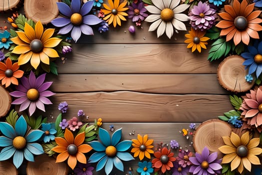 abstract background of flowers and old wood.. AI generated image.