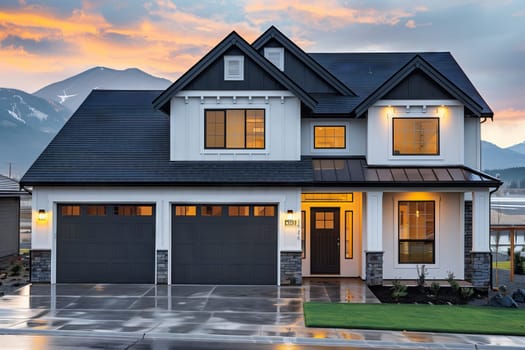 a large white and black house with a black garage door and mountains in the background . High quality