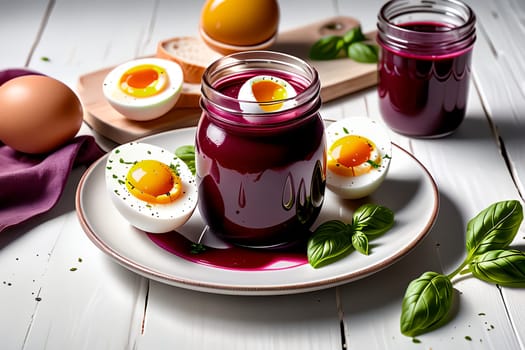 marinated boiled eggs in beet juice with herbs.