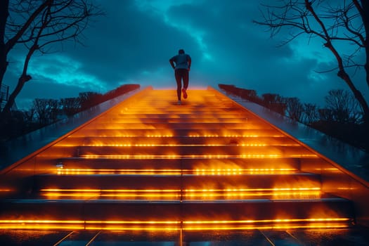 A man is walking up a set of stairs illuminated at night, with the sky full of stars overhead and the surrounding landscape shrouded in darkness