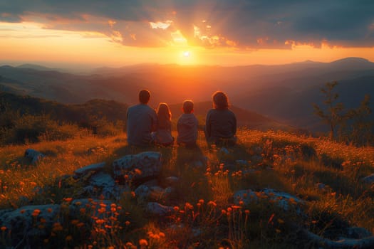 A family sits on a mountain peak witnessing the orange afterglow of the sunset, surrounded by clouds and a picturesque natural landscape