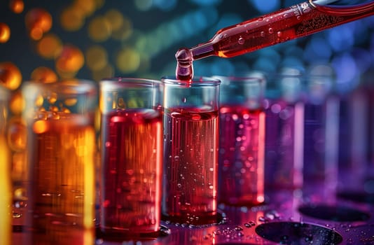 A person is carefully adding a violet fluid into a glass test tube in a science laboratory, creating a beautiful magenta tint. The liquid resembles electric blue automotive lighting