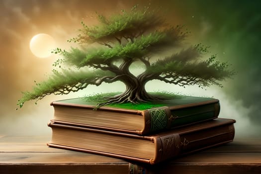 tree growing from a book, leather bound book, isolated on a brown background
