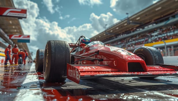 A bright red race car with sleek automotive design is parked beside the race track. Its tires and hood gleam under the cloudy sky, a striking vehicle amidst the surrounding buildings