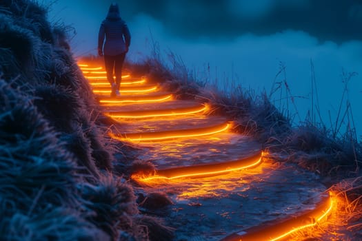 The person ascends illuminated stairs at night, surrounded by an atmospheric phenomenon. The natural landscape and sky create a magical atmosphere as they climb