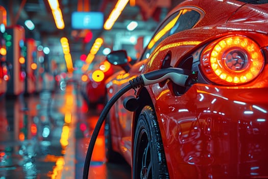 A red vehicle is parked at a charging station. Its hood and fender gleam under the bright automotive lighting. The sleek alloy wheels catch the eye, while the headlamps hint at its powerful design