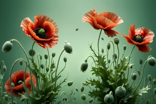 Blooming red poppies on a green background .