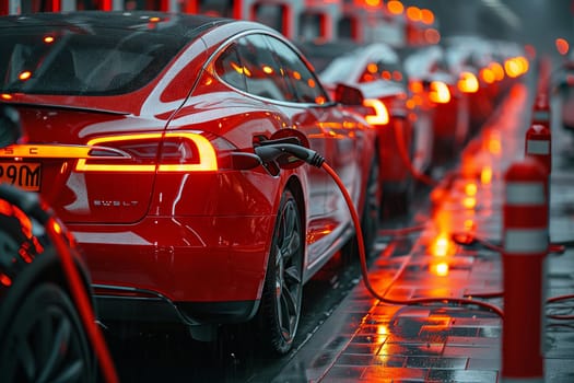 A luxurious red car is parked at a charging station, with its electric engine being recharged. The sleek automotive design and exterior of the vehicle look impressive