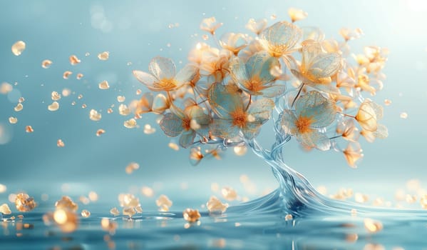 A beautiful tree sculpture made of flowers appears to be floating gracefully in the azure waters, creating a stunning natural landscape art piece against the backdrop of the sky and fluffy clouds