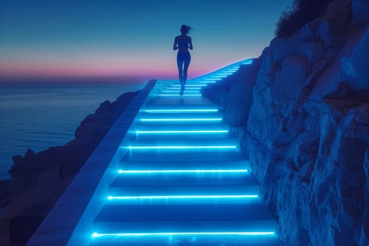 A woman leisurely climbs azure stairs illuminated by electric blue lights, reminiscent of the skys horizon landscape, evoking a sense of travel