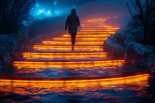 A person ascends illuminated stairs at night, surrounded by darkness and a lit skyline. The happy walker becomes one with the night world and natural landscape