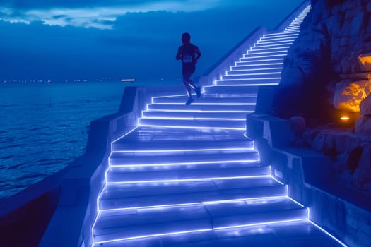A man is ascending a staircase illuminated with azure lights at night, surrounded by a world of blue clouds and sky. It is a leisurely and fun way to travel