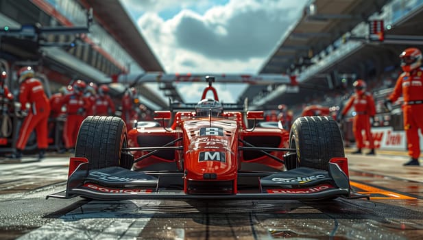 A vibrant red racing car is parked in the pit lane of a racetrack, its sleek automotive design standing out against the backdrop of cloudy skies