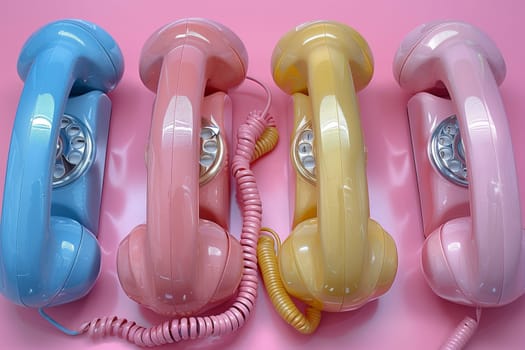 A row of magenta and pink telephones displayed on a vibrant pink background. The color palette evokes feelings of joy and playfulness, making the product visually appealing