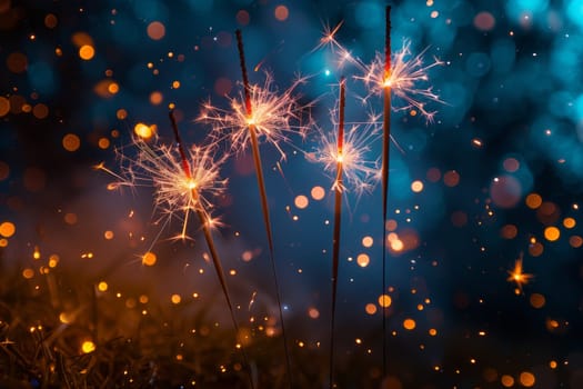 The atmosphere was illuminated by a bunch of sparklers in the dark, creating an electric blue glow reminiscent of a fireworks event at midnight