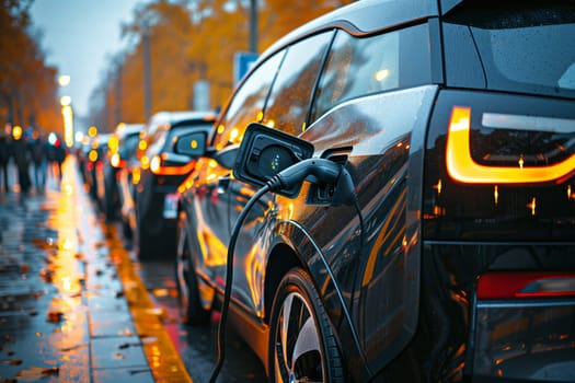 A line of electric vehicles are parked on the city street, charging up. The cars have sleek automotive design with tires, wheels and automotive lighting