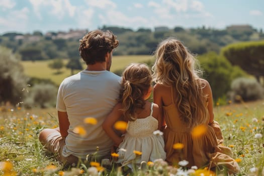 A happy family is enjoying the natural landscape surrounded by colorful flowers, green grass, and a clear blue sky with fluffy clouds, basking in the warm sunlight