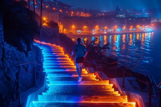 A man is running up a set of stairs illuminated by the city lights at night, with the reflection of the skyline on the water below as the dusk sky looms above