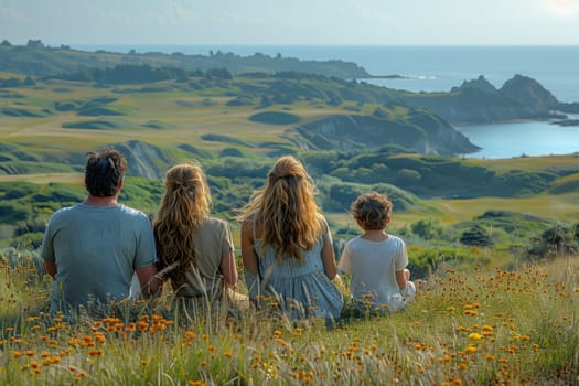 A happy family enjoys leisure time on a grassy hill, gazing at the ocean and sky. Surrounded by nature, they appreciate the beauty of the natural landscape while traveling