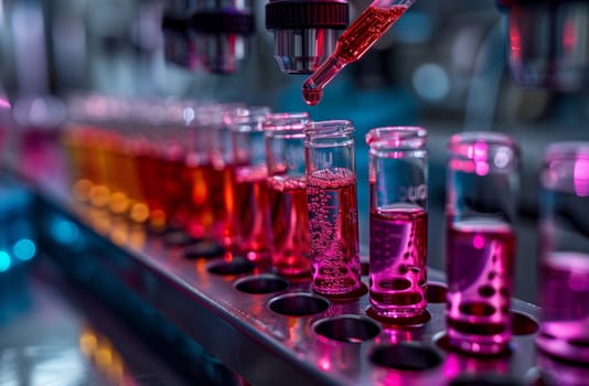 A pipette is dispensing fluid into a test tube in a laboratory setting, utilizing drinkware to transfer liquid product for scientific experimentation