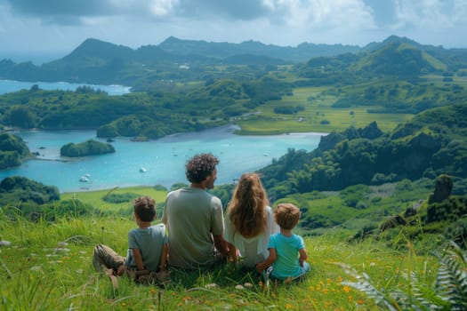 A family enjoys the scenic view of the lake from the top of a hill, surrounded by mountains, with the clear blue sky and white fluffy clouds above, immersed in the beauty of nature