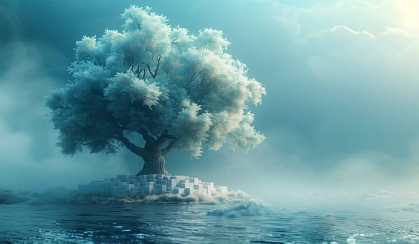 A tree stands on a small island surrounded by water in the middle of the ocean, under a clear sky. The natural landscape is peaceful and untouched by pollution