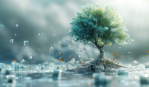 A tree is flourishing on a tiny island surrounded by water, under a sky painted with clouds. Its a beautiful natural landscape artwork, swaying gently in the wind