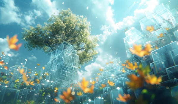 An art piece capturing a cityscape with a tree, flowers, and a cloudy sky in the background, creating a natural landscape with a touch of marine biology