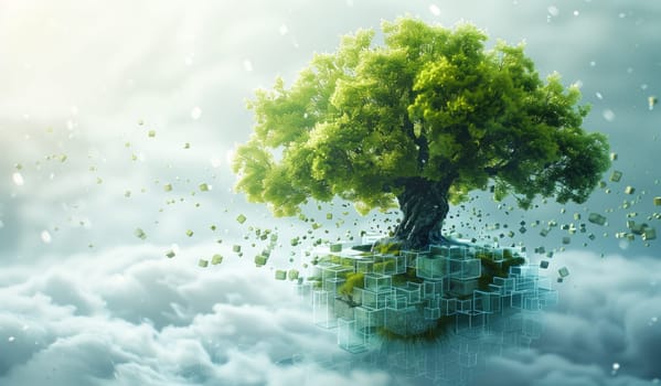 A tree is gracefully floating amidst a cloudy sky, creating a picturesque sight in the natural landscape. The watercourse below reflects the beauty of the plant, grass, and twigs surrounding it