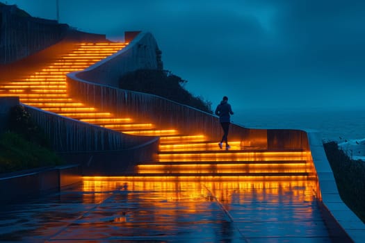 A person ascends illuminated stairs under the evening sky, surrounded by the city landscape as dusk settles over the horizon, casting a serene glow over the natural world