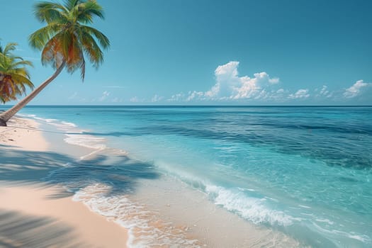 A picturesque natural landscape with azure sky, palm trees, and waves crashing on the fluid beach. Perfect for travel and relaxation