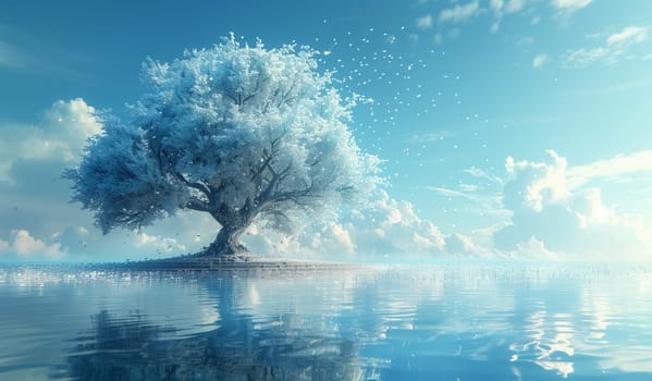 A snowcovered tree stands in the center of a body of water, creating a serene natural landscape surrounded by the cloudy sky and horizon