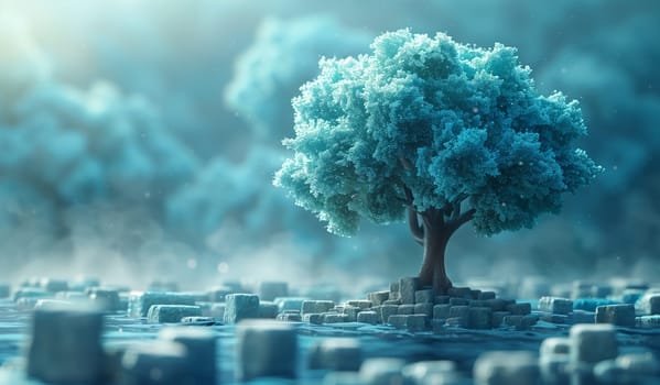 A majestic tree thrives on a rocky outcrop amidst the city, creating a natural landscape within the urban world. The sky above is filled with cumulus clouds, adding to the picturesque scene