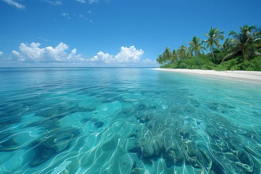 An idyllic natural landscape featuring palm trees swaying in the breeze, a clear azure ocean reflecting the sky, and fluffy white clouds floating overhead