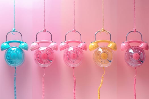 A row of vibrant telephones, resembling a fashion accessory, hang from a string against a pink background. The transparency of the phones adds a playful touch to the party decoration