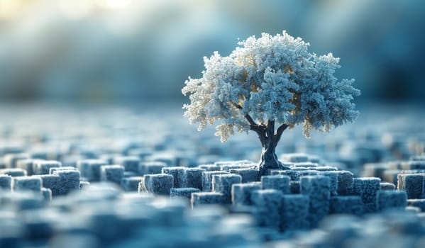 In the cemetery, a small tree emerges from a pile of rocks against the backdrop of a cloudy sky. The sunlight shines down, highlighting the freezing atmosphere and enhancing the natural landscape