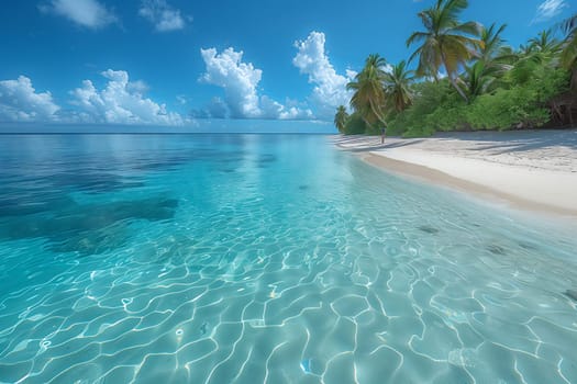 A natural landscape with palm trees, azure sky, and a clear blue ocean reflecting the fluffy white clouds. The fluidity of the aqua water completes the tranquil scene