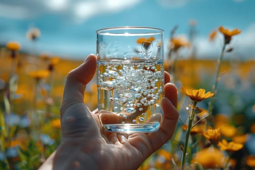 A person is standing with a glass of liquid in front of a beautiful field of flowers, under the vast sky. The gesture symbolizes harmony between water, plants, and nature
