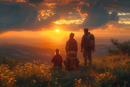 A group of happy people are standing in a natural landscape, watching the sun set behind the horizon, surrounded by beautiful clouds in the sky