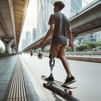 A man with a prosthetic leg is skateboarding down a sidewalk. Concept of determination and resilience, as the man overcomes his physical limitations to enjoy the activity ai generated
