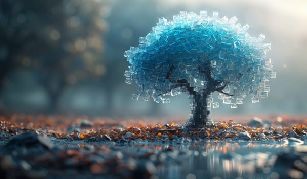 An artistic landscape where a tree with blue leaves grows out of the ground, reflecting the natural beauty of the atmosphere and water, untouched by pollution under the vast sky and horizon