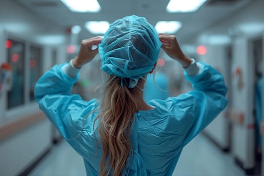 A female surgeon is donning an electric blue surgical gown and magenta headgear in a hospital corridor, preparing for an event in the science of medicine