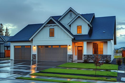 A charming, large white building with a striking blue roof, featuring two garage doors. The sky is clear with fluffy white clouds, and green grass surrounds the asphalt driveway